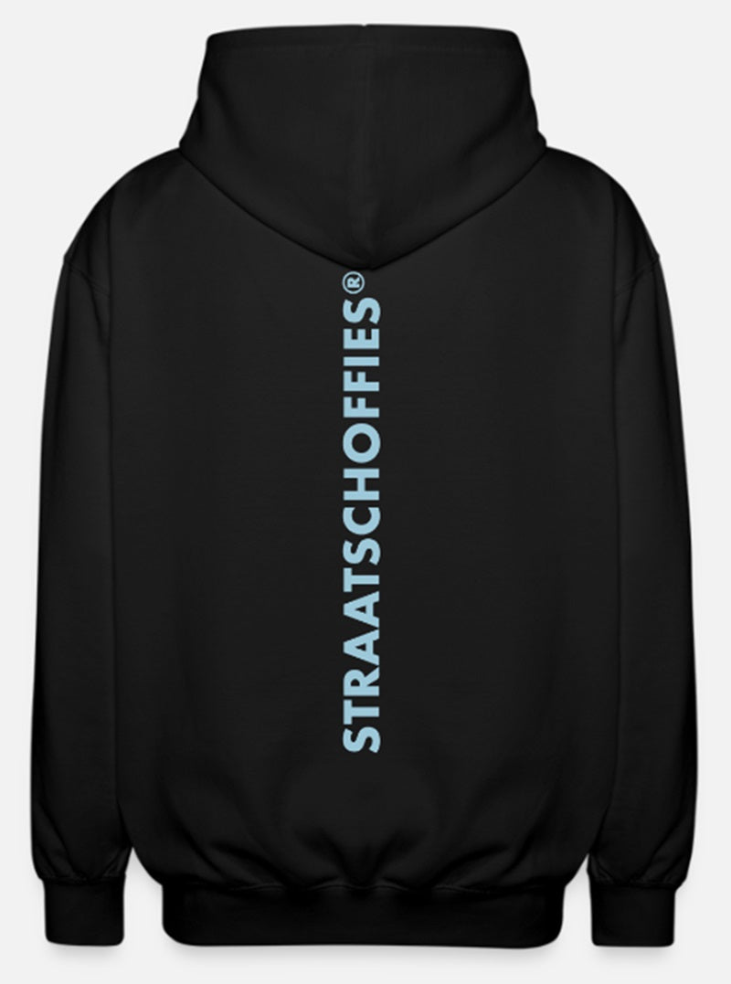 Uniseks zip hoodie Just Hoods Zwart met Licht Blauwe letters