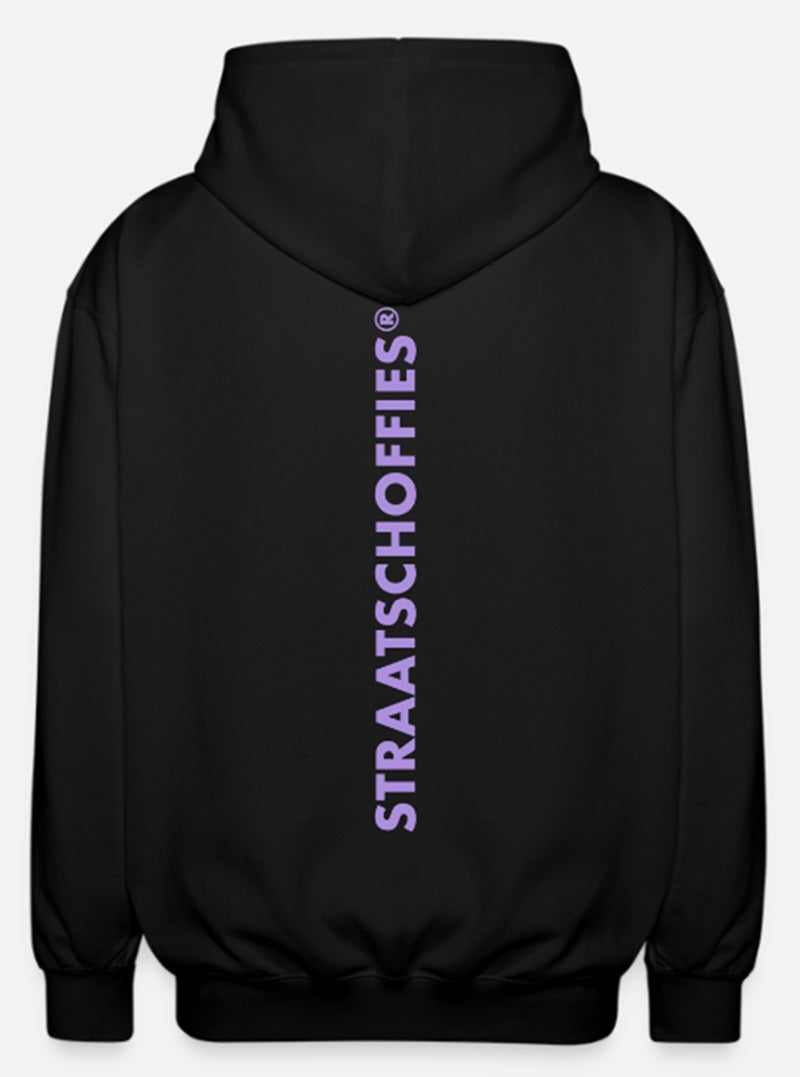 Uniseks zip hoodie Just Hoods Zwart met Lila letters