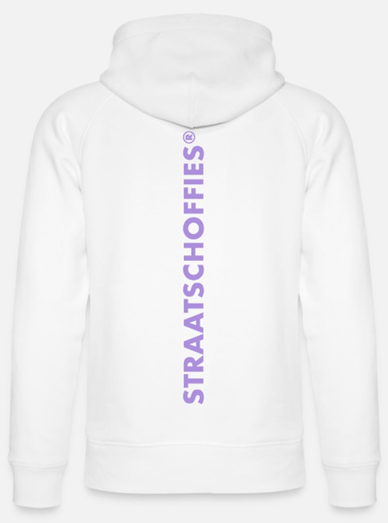 Uniseks bio-hoodie Wit met Lila letters