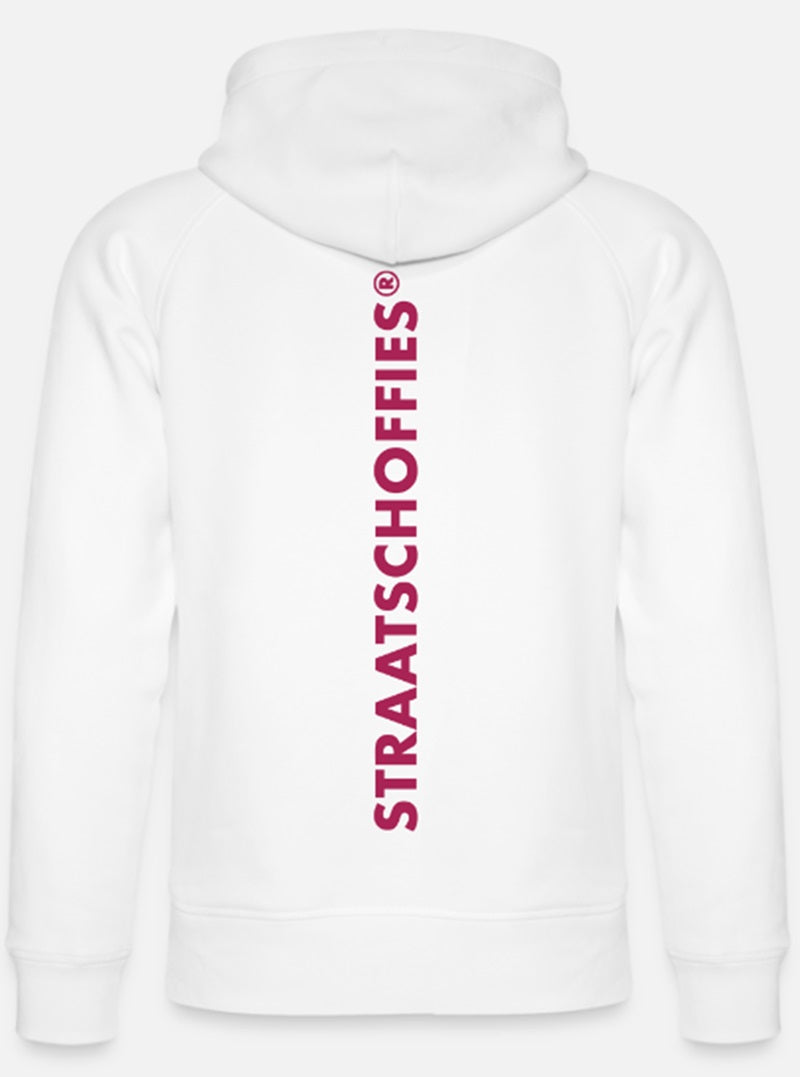 Uniseks bio-hoodie Wit met Paarse letters
