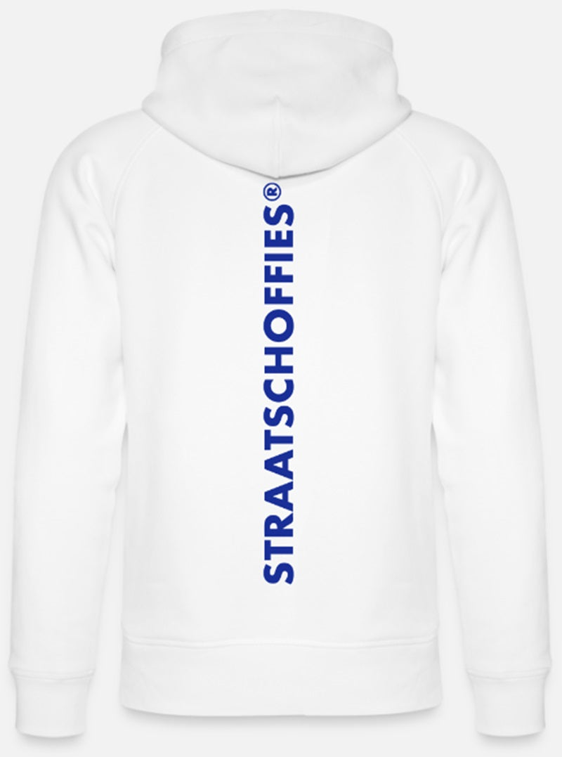 Uniseks bio-hoodie Wit met Blauwe letters