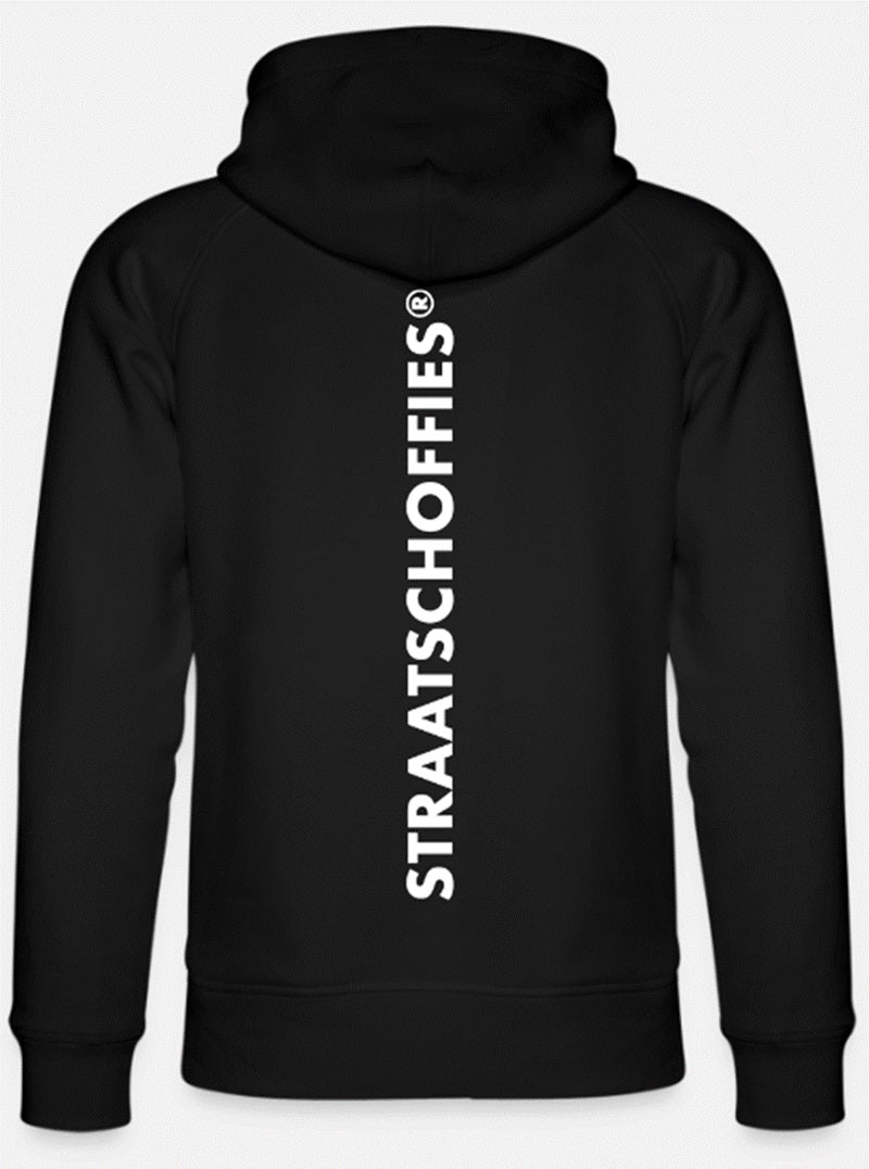 Uniseks bio-hoodie Zwart met Witte letters