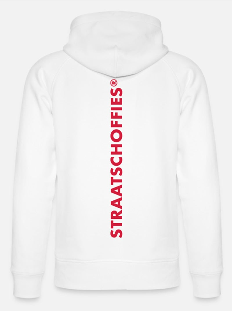 Uniseks bio-hoodie Wit met Rode letters