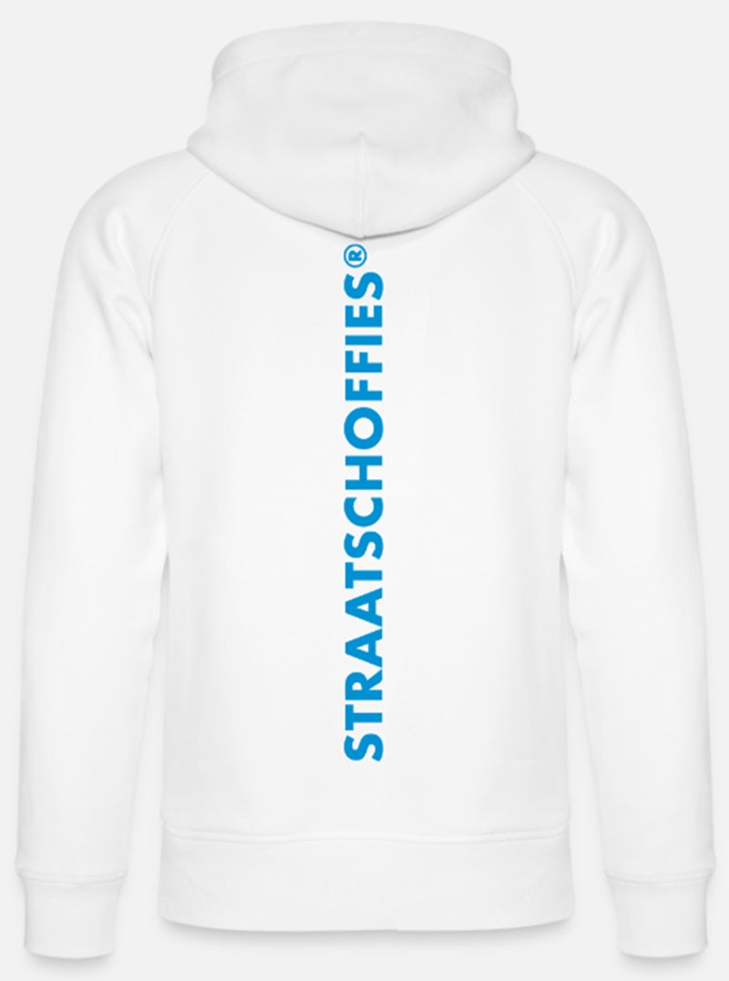 Uniseks bio-hoodie Wit met L-blauwe letters