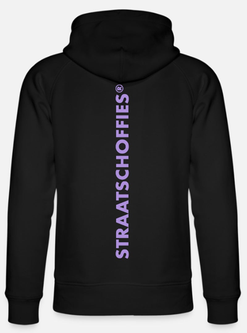 Uniseks bio-hoodie Zwart met Lila letters