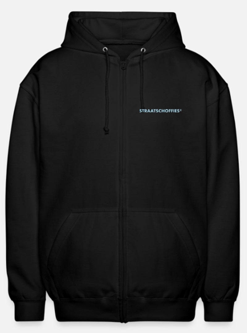 Uniseks zip hoodie Just Hoods Zwart met Licht Blauwe letters