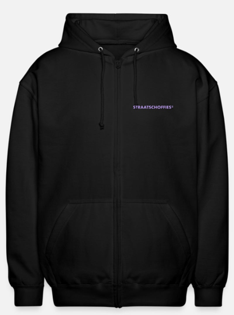Uniseks zip hoodie Just Hoods Zwart met Lila letters