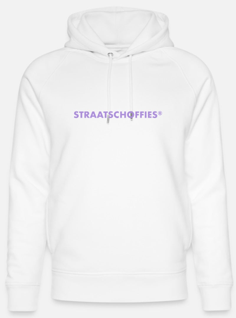 Uniseks bio-hoodie Wit met Lila letters
