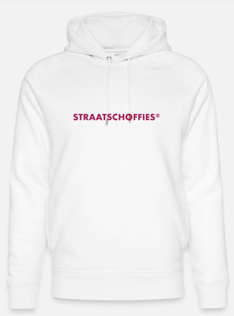 Uniseks bio-hoodie Wit met Paarse letters
