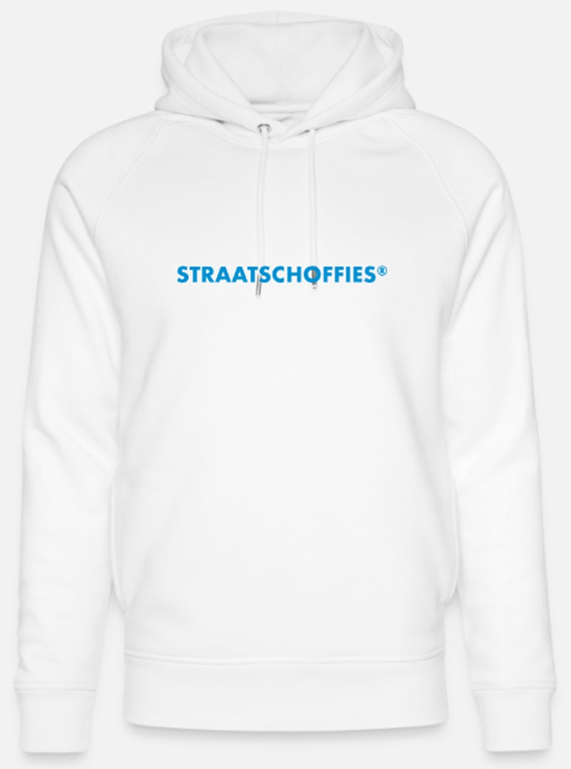 Uniseks bio-hoodie Wit met L-blauwe letters