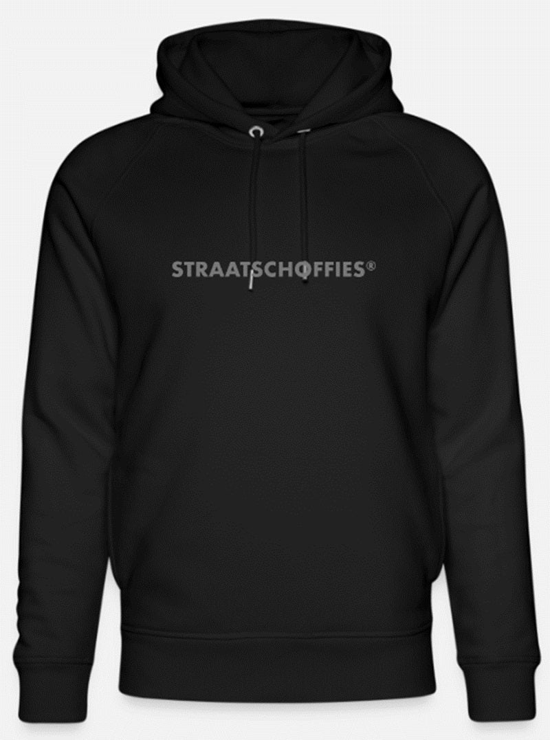 Uniseks bio-hoodie Zwart met Grijze letters
