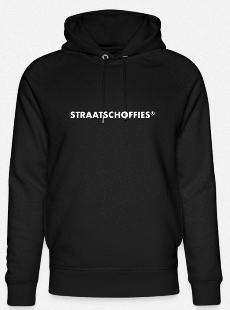 Uniseks bio-hoodie Zwart met Witte letters