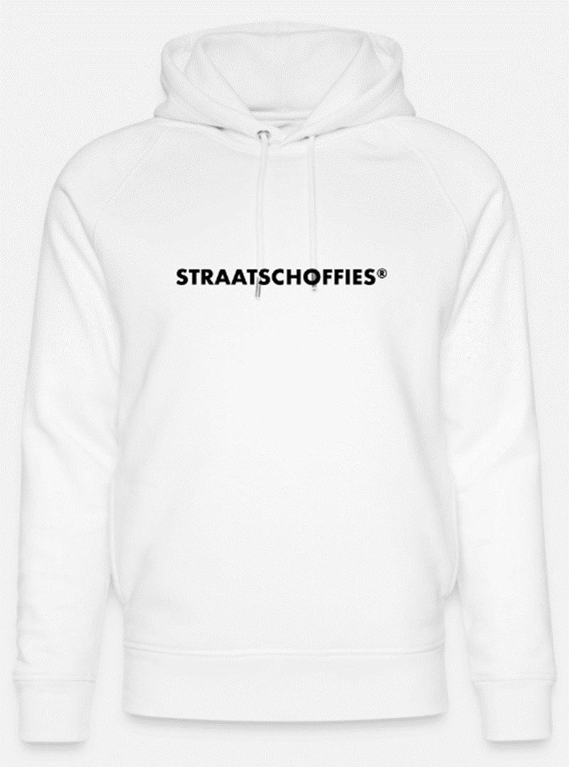 Uniseks bio-hoodie Wit met Zwarte letters