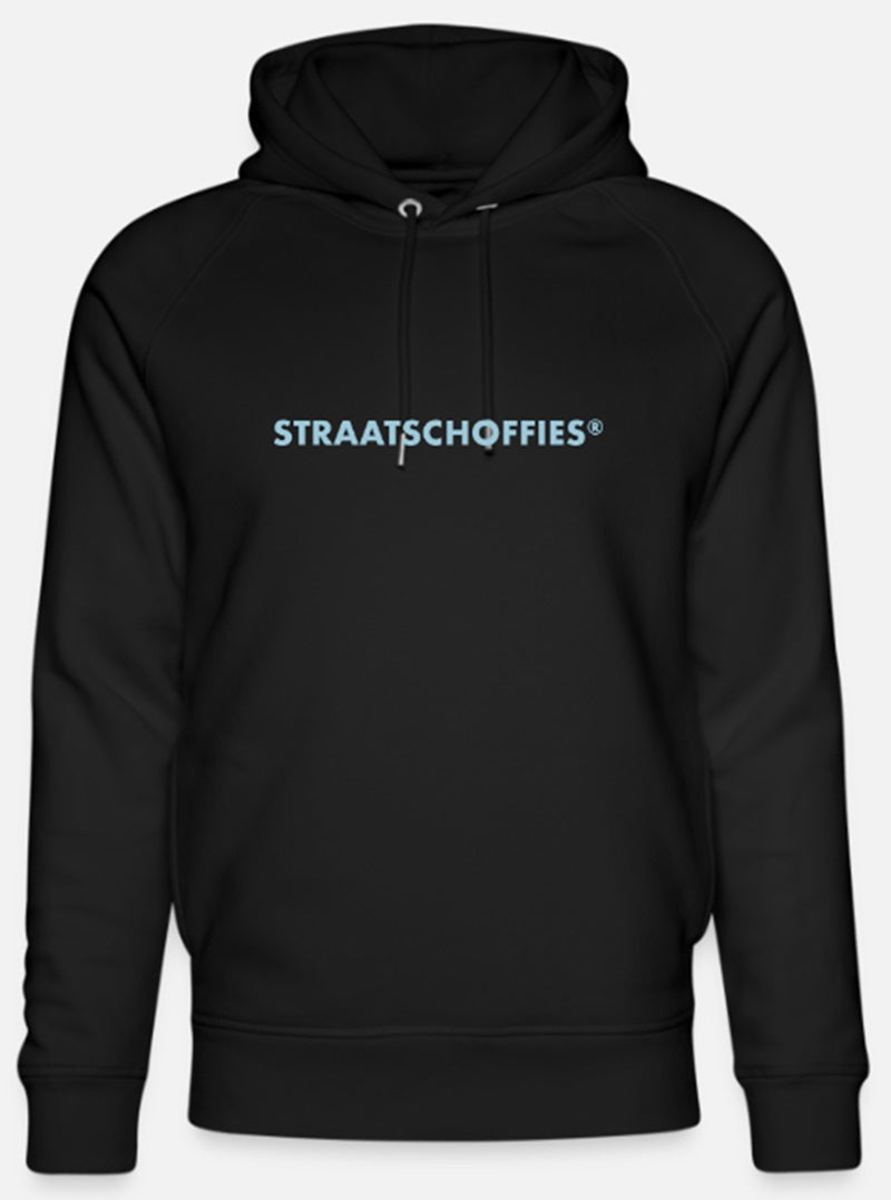Uniseks bio-hoodie Zwart met L-blauwe letters