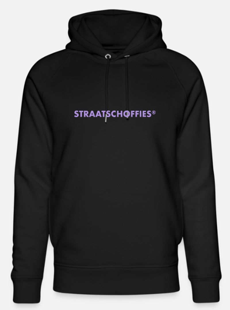 Uniseks bio-hoodie Zwart met Lila letters